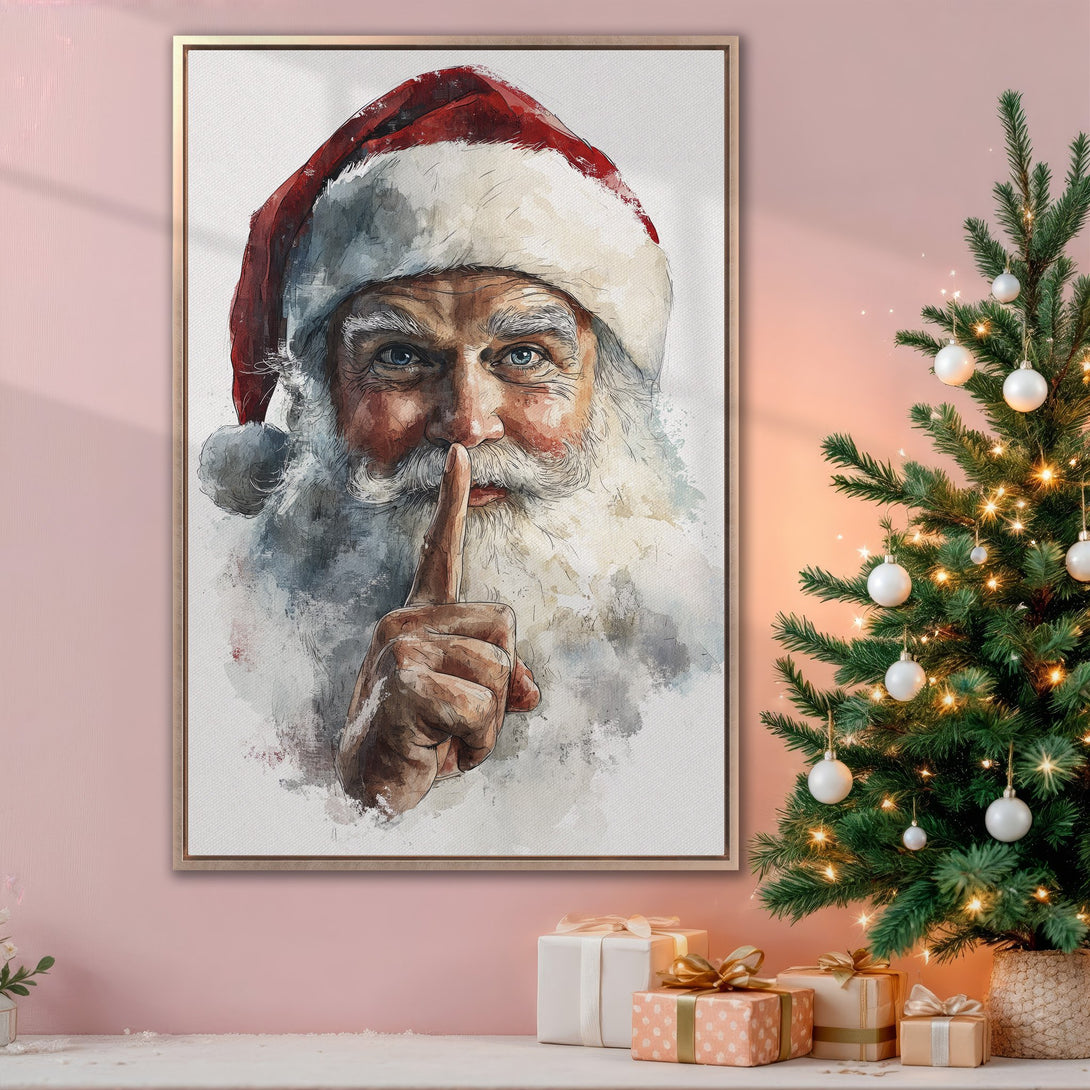 Framed Wall Art: Watercolor Santa portrait in a warm, inviting interior. Features a festive color palette of red, white, and gold. Perfect Christmas decor!