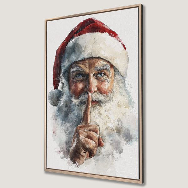 Framed Wall Art of Santa Claus in watercolor style, featuring red, white, and blue hues. Perfect Christmas decor for a cozy, festive home.