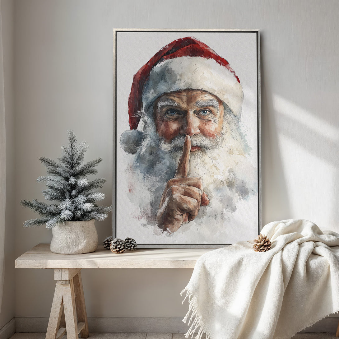 Framed Wall Art of Santa Claus watercolor portrait. Festive holiday decor in red, white, and neutral tones. Perfect Christmas gift!