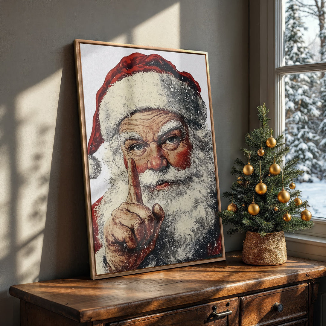 Framed Wall Art featuring Santa Claus with a vintage illustration style. Warm, festive color palette with red, white, and gold. Perfect Christmas decor!