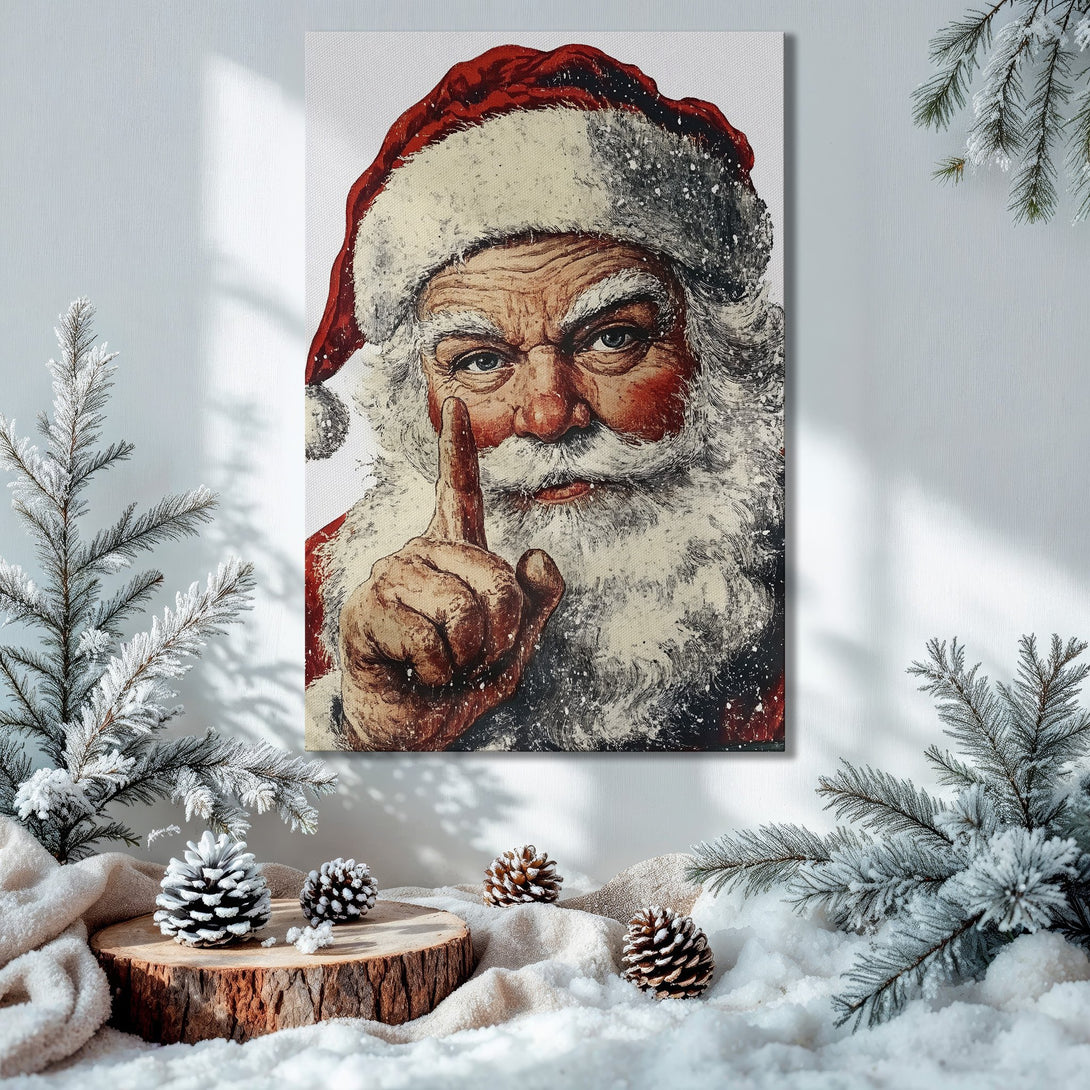 Framed Wall Art: Vintage Santa Claus portrait in a Christmas interior. Festive red, gold, and green color palette. Perfect holiday decor!