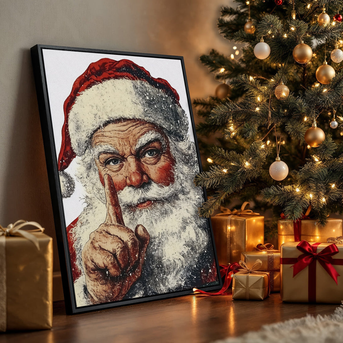 Framed Wall Art of Santa Claus shushing. Festive holiday decor in red, white, and gold tones. Perfect Christmas gift!