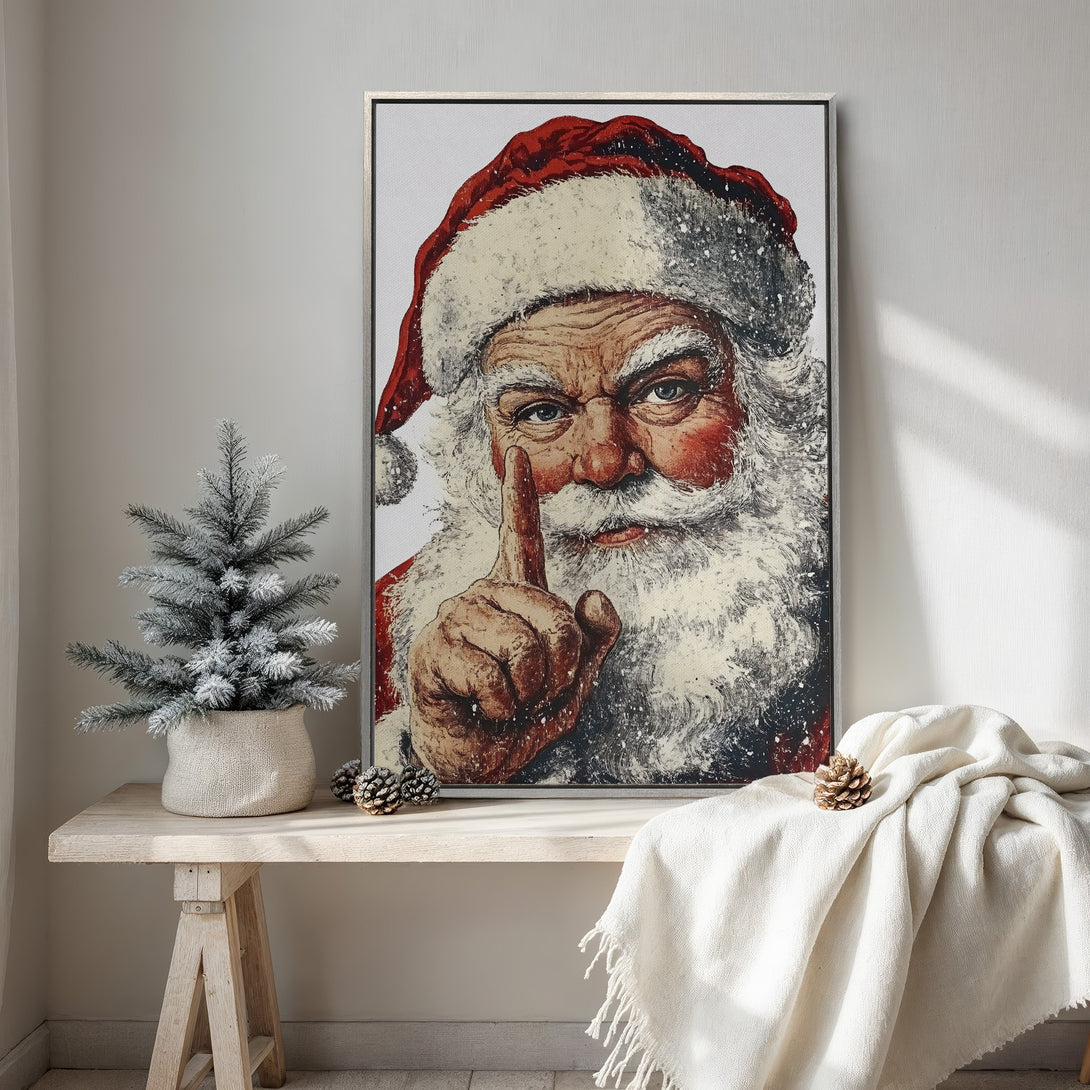 Framed Wall Art: Vintage Santa Claus portrait in a cozy interior. Red, white, and neutral color palette. Perfect Christmas decor!