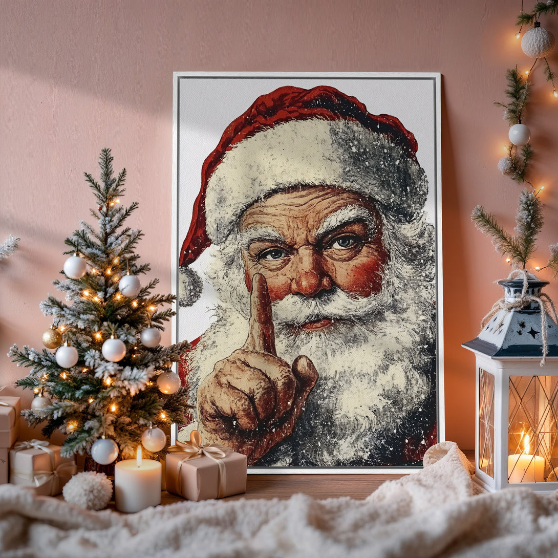 Framed Wall Art: Vintage Santa Claus canvas print in warm red and cream tones. Perfect Christmas decor!