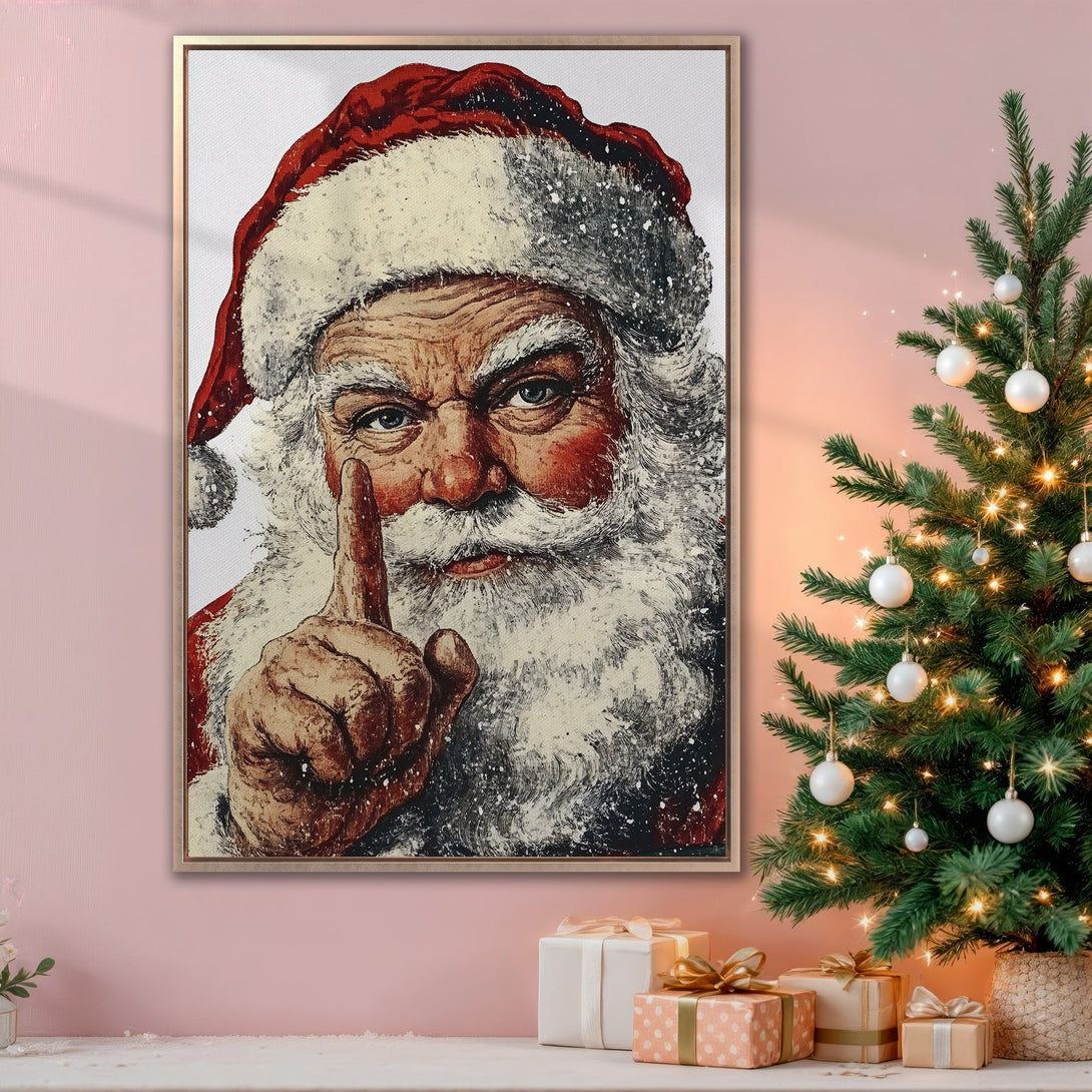 Framed Wall Art of Santa Claus with a vintage style, featuring a red and white color palette. Perfect Christmas decor!