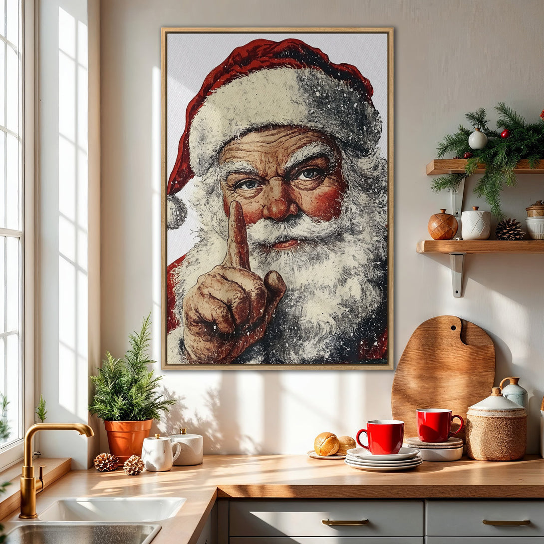 Framed Wall Art of Santa Claus with a "shhh" gesture, vintage style, red and white color palette, perfect for Christmas decor.