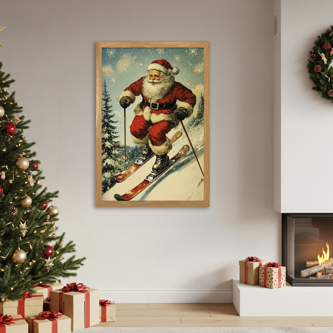 Framed Poster featuring Santa skiing, vintage style, red & blue color palette, perfect for Christmas decor.