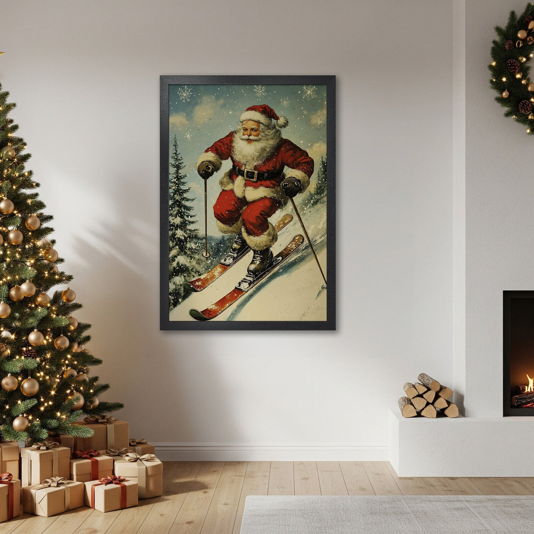 Framed Poster featuring vintage Santa skiing in a snowy landscape. Festive red and blue color palette. Perfect Christmas decor!