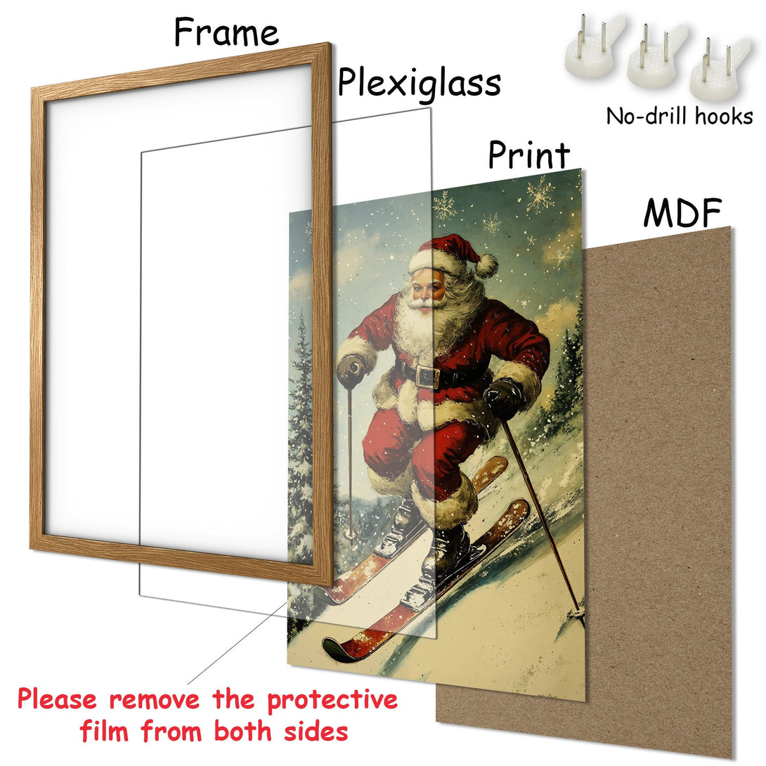 Framed Poster featuring Santa skiing in a vintage style, with a red and green color palette. Perfect Christmas decor!