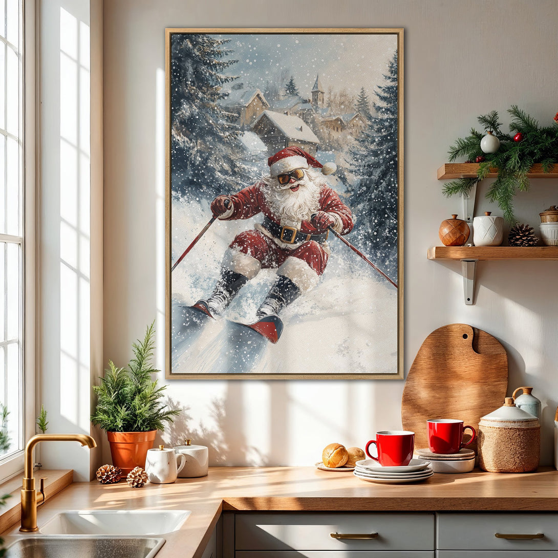 Framed Wall Art featuring Santa skiing in a winter wonderland, with a festive red, white, and blue color palette. Perfect Christmas decor!