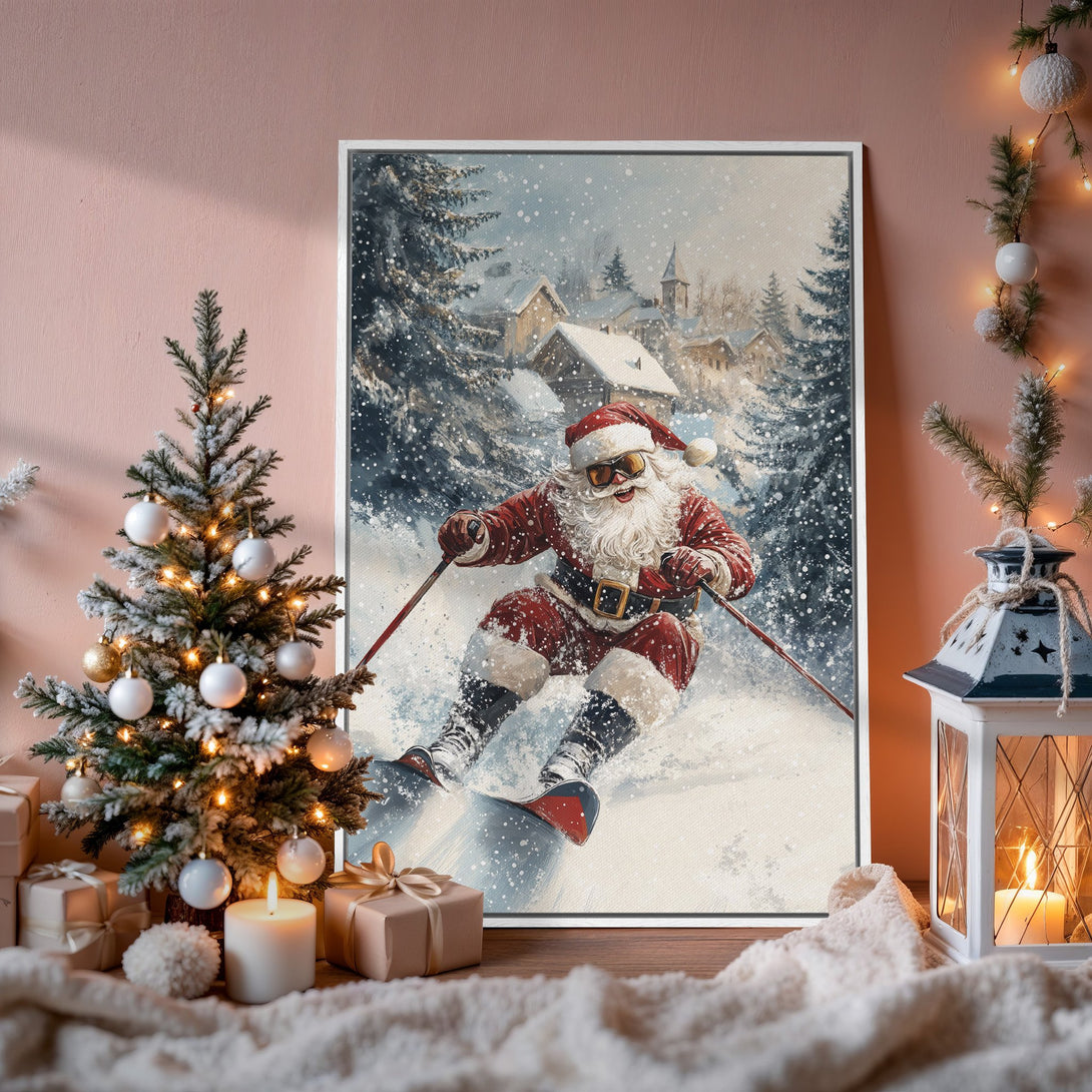 Framed Wall Art: Santa skiing in a snowy winter scene. Festive red, white, and blue color palette. Perfect Christmas decor for your home!