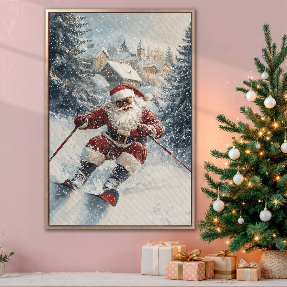 Framed Wall Art: Santa skiing in a winter wonderland. Festive canvas print with a red, white, and blue color palette. Perfect Christmas decor!