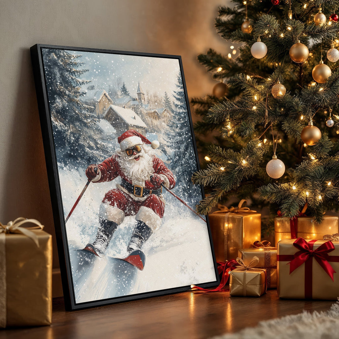 Framed Wall Art of Santa skiing in a winter wonderland scene. Festive Christmas decor with a red, white, and blue color palette. Perfect holiday gift!