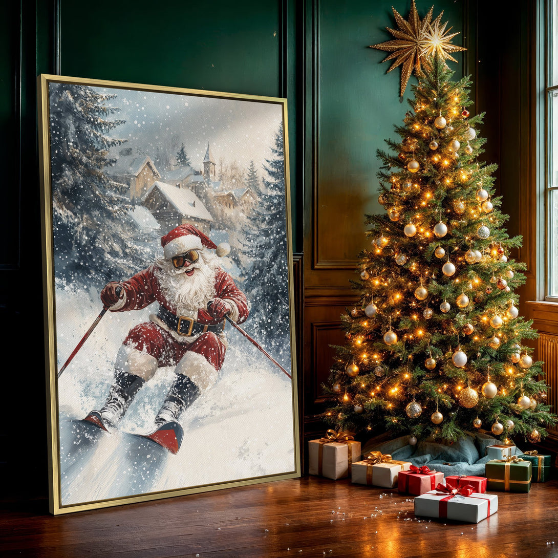 Canvas Print featuring Santa skiing in a winter wonderland scene. Festive wall art with a watercolor style and red, white, and blue color palette.
