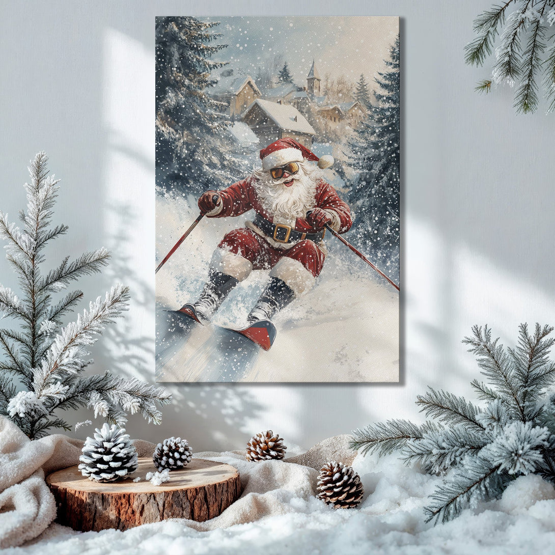 Framed Wall Art: Santa skiing in winter scene. Festive holiday decor with a warm color palette. Perfect for Christmas!