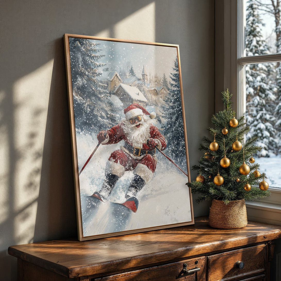 Framed Wall Art: Santa skiing in a winter wonderland. Festive art with a red, white, and blue color palette. Perfect Christmas decor.