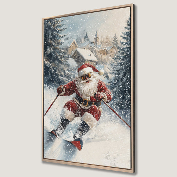 Framed Wall Art: Santa skiing in a snowy winter scene. Festive canvas print with a watercolor style, featuring red, blue, and white hues. Add holiday cheer!