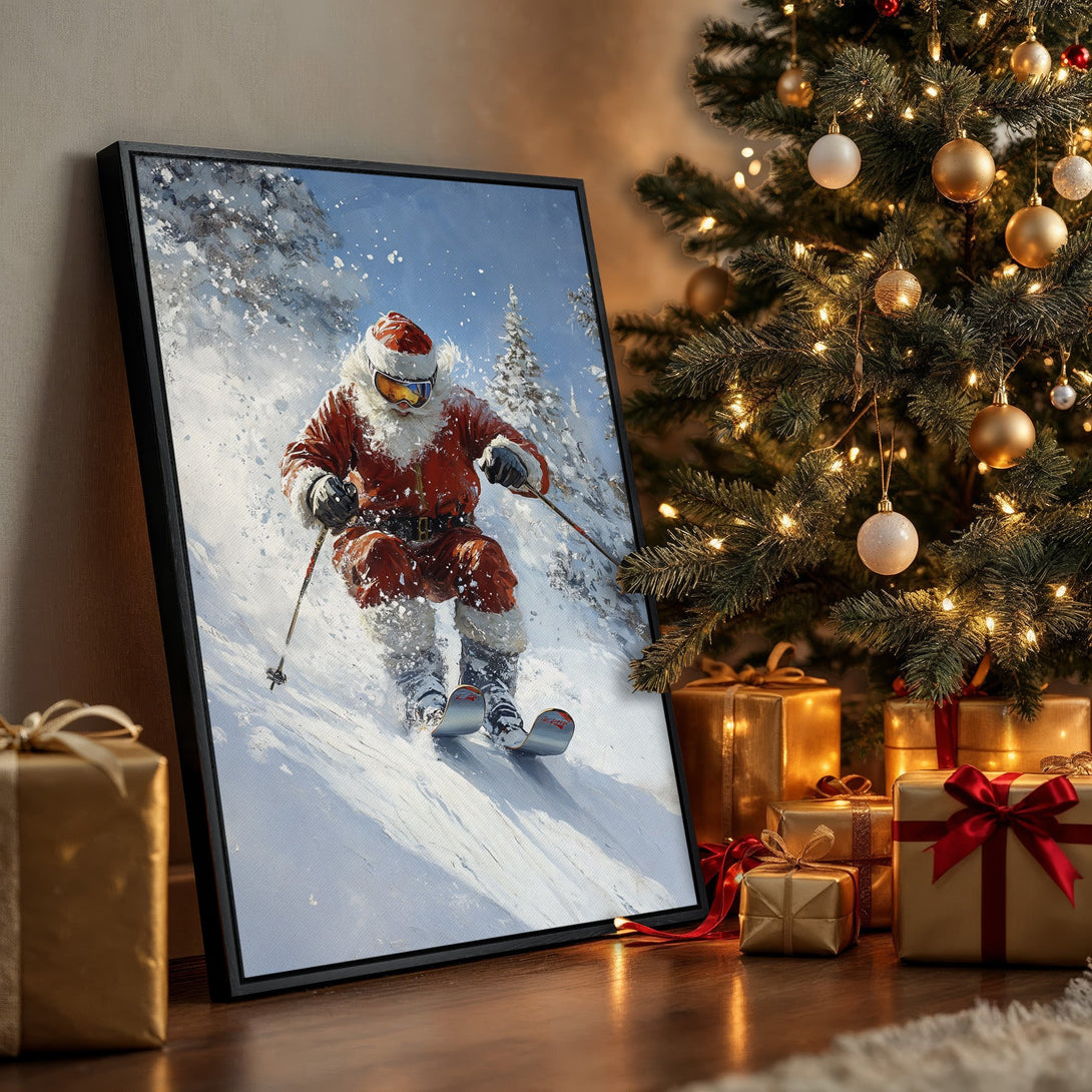 Framed Wall Art: Santa skiing down a snowy mountain. Festive artwork in a warm, wintery color palette, perfect for Christmas decor.