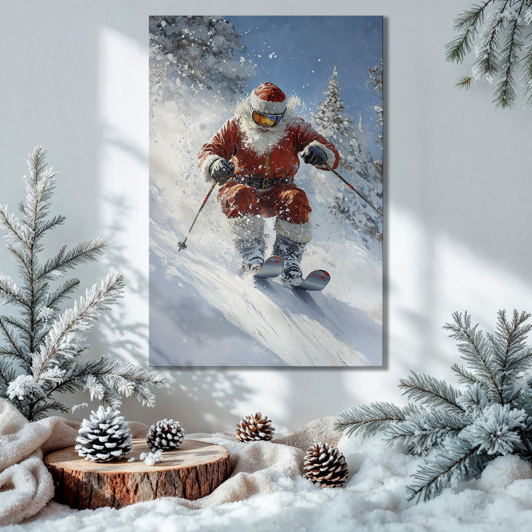 Framed Wall Art: Santa skiing in a winter wonderland, warm red and white tones. Perfect Christmas decor.