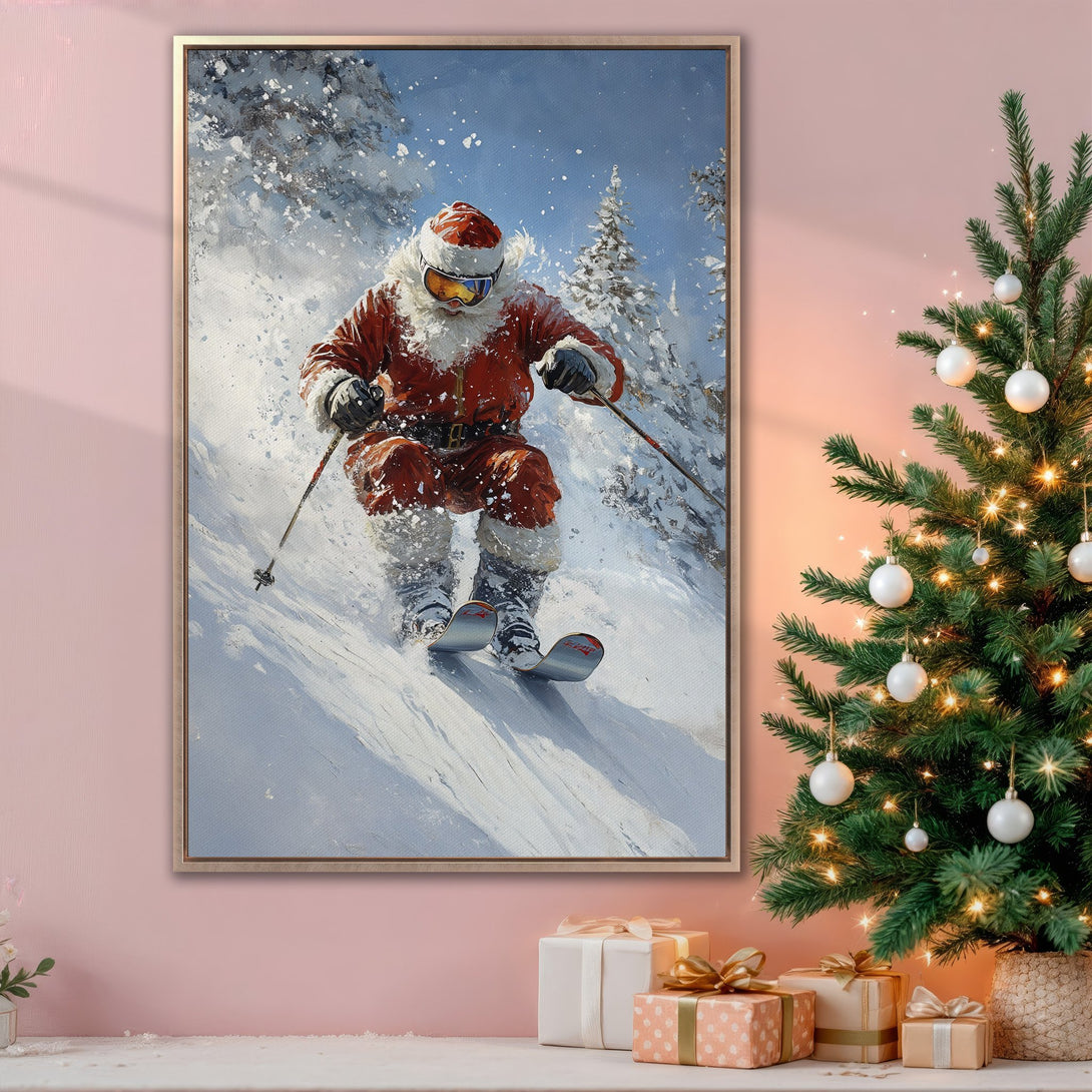 Framed Wall Art: Santa skiing down a snowy mountain. Festive Christmas decor with a red, white, and blue color palette. Perfect holiday gift!