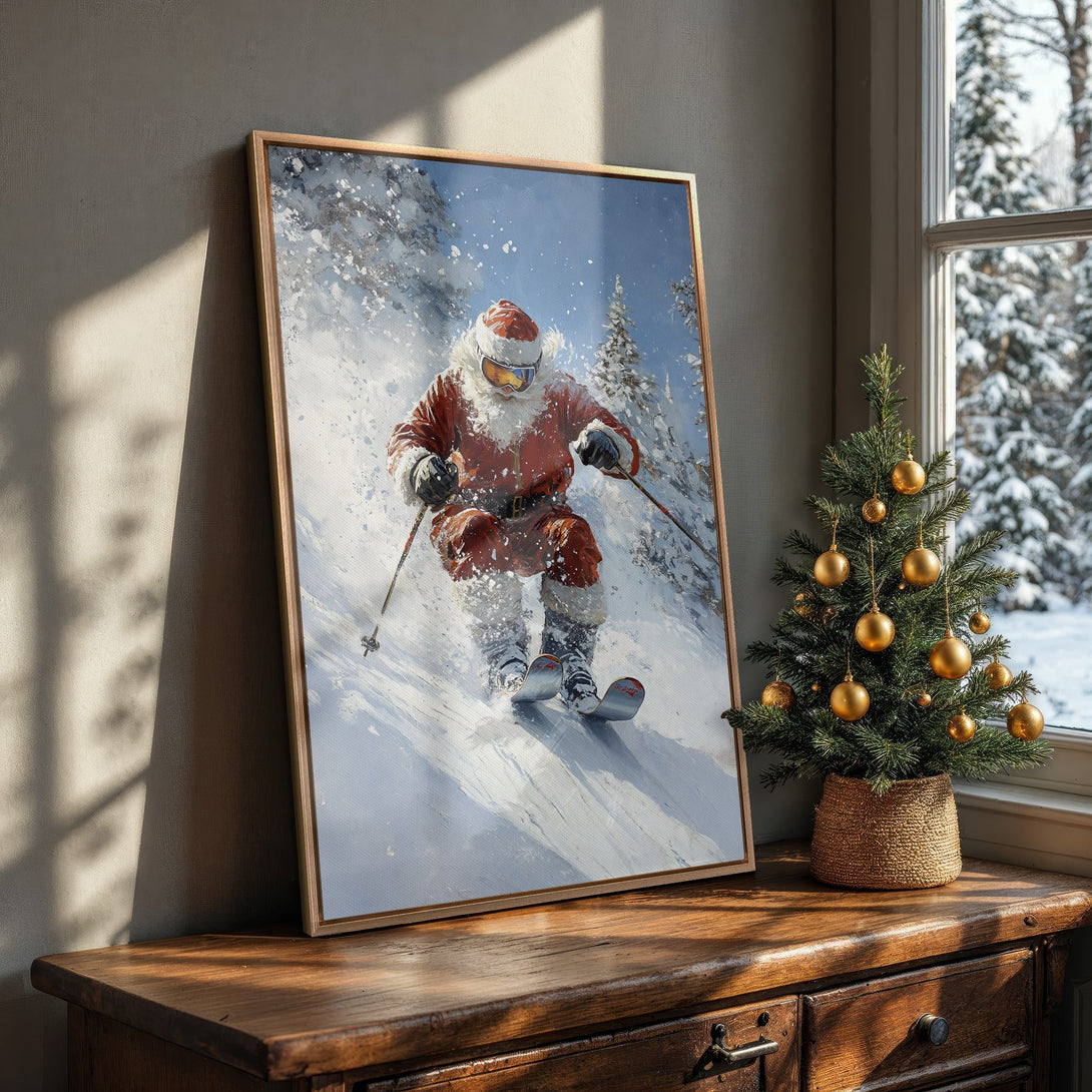 Framed Wall Art: Santa skiing in a winter wonderland. Oil painting style with a red, white, and blue color palette. Perfect Christmas decor for your home!