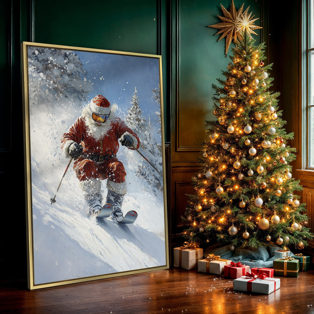 Canvas Print of Santa skiing down a snowy mountain, vibrant red and blue tones, perfect holiday wall art.