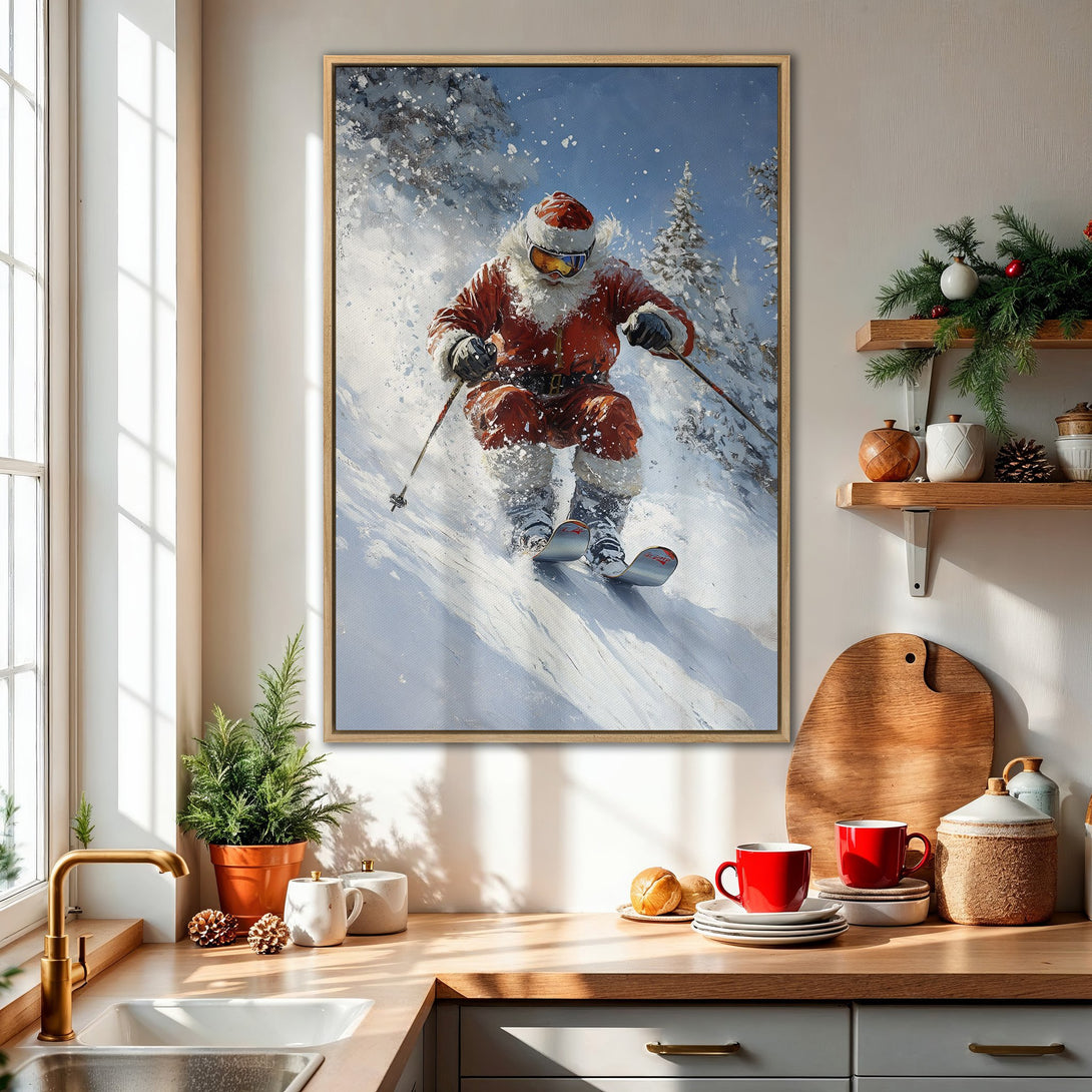 Framed Wall Art: Santa skiing down a snowy mountain. Festive winter scene with a red and blue color palette, perfect for Christmas decor.
