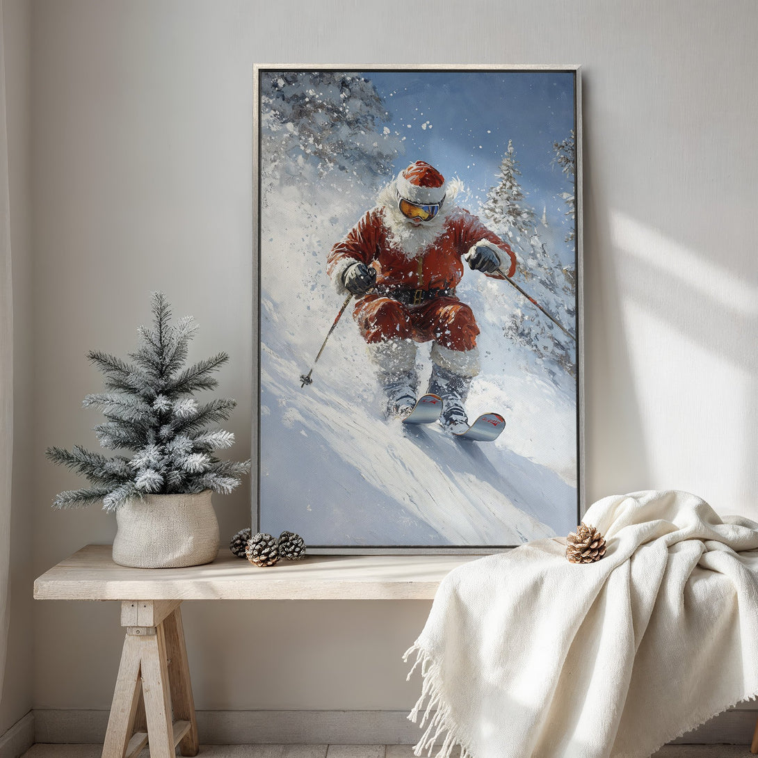 Framed Wall Art featuring Santa skiing down a snowy mountain. Festive holiday decor with a vibrant red and blue color palette. Perfect Christmas gift!