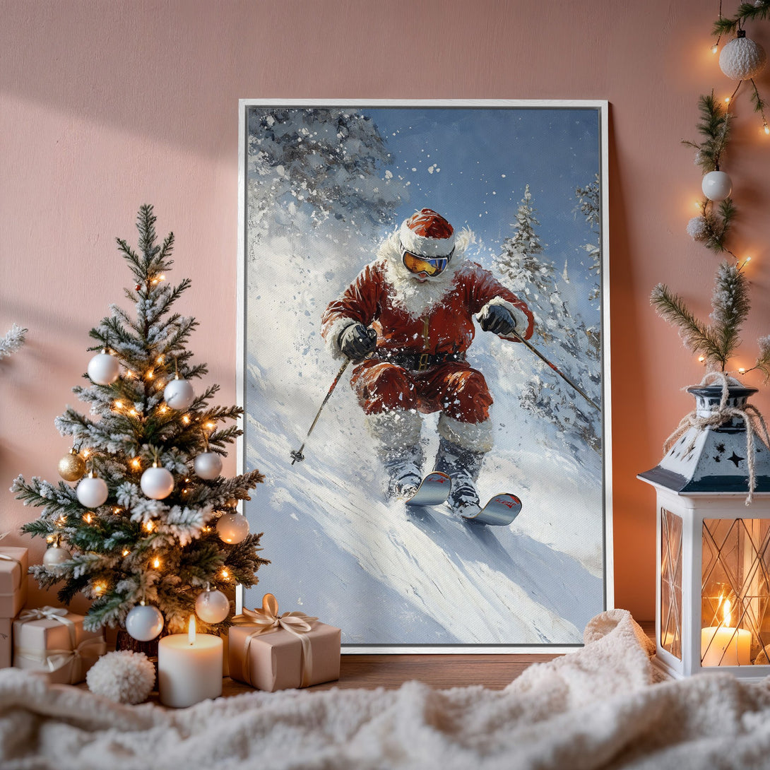 Framed Wall Art: Santa skiing down a snowy mountain in a vibrant, painterly style. Festive red, white, and blue color palette. Perfect Christmas decor!