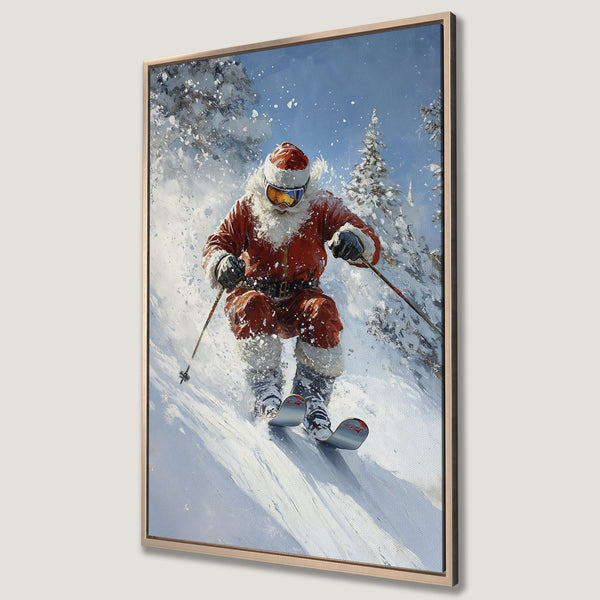 Framed Wall Art: Santa skiing down a snowy mountain. Festive winter art with a red, white, and blue color palette. Perfect holiday decor for your home.
