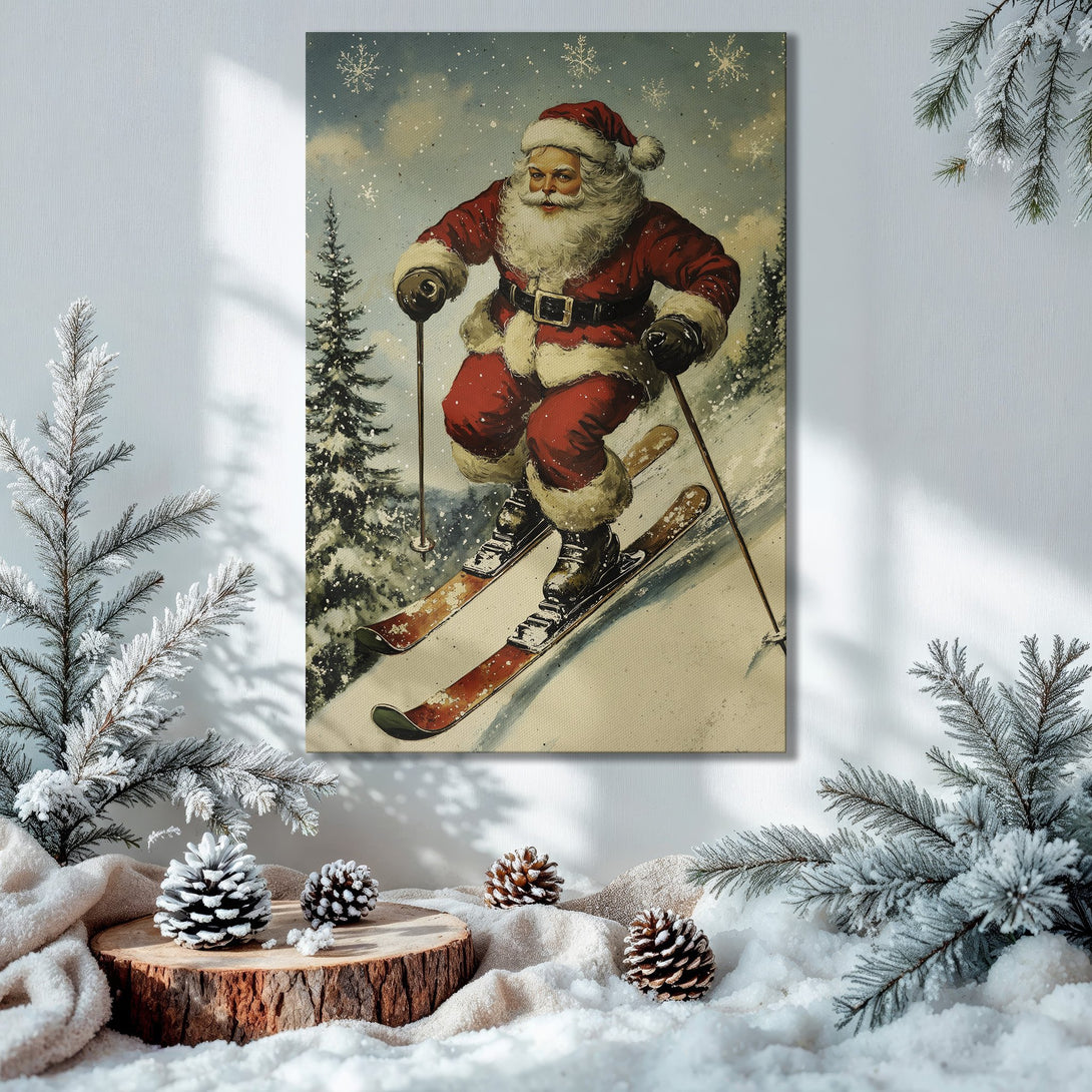 Framed Wall Art: Vintage Santa Claus skiing canvas print in a festive interior. Red, green, and gold holiday decor. Perfect Christmas gift!