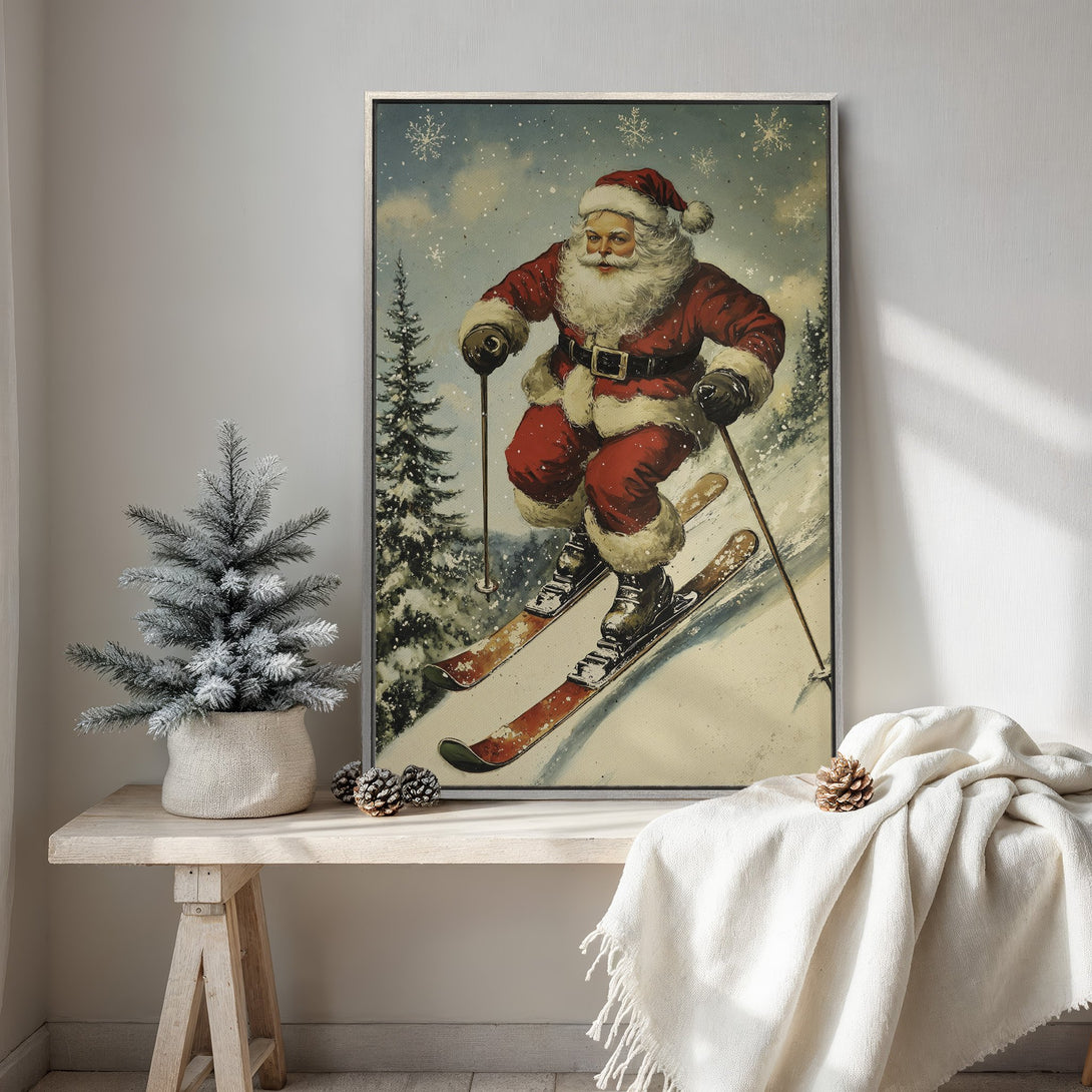 Framed Wall Art featuring vintage Santa skiing in a snowy scene. Rustic style with a warm red, blue, and cream color palette. Perfect Christmas decor!