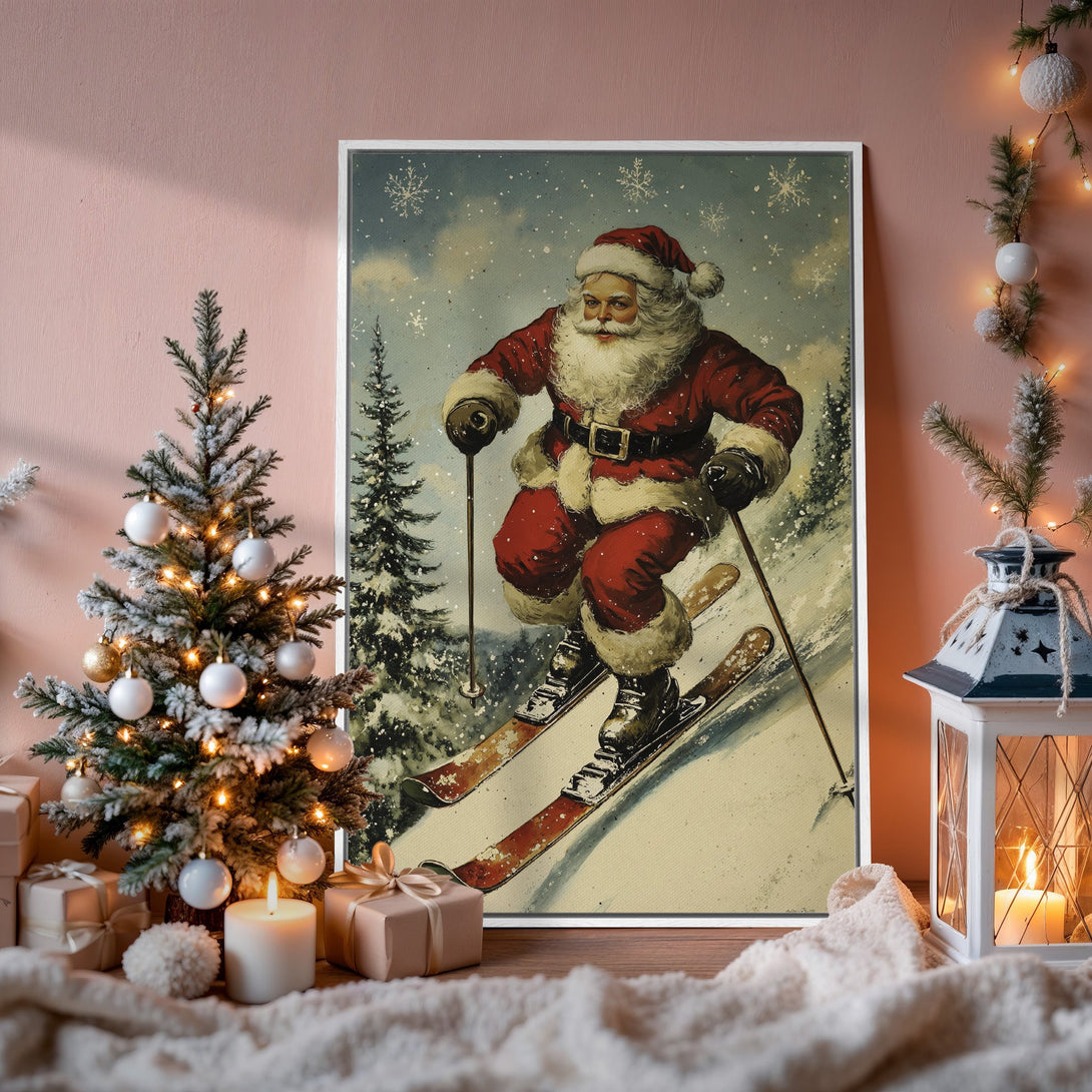 Framed Wall Art of Santa skiing, vintage style, featuring a red and white color palette, perfect for Christmas decor.