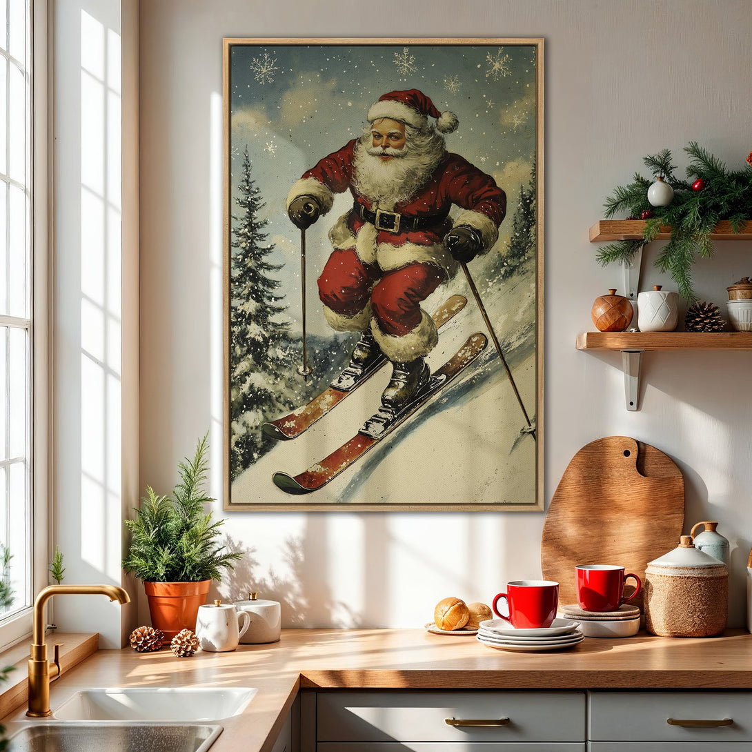 Framed Wall Art: Vintage Santa skiing in a snowy scene. Festive red & white color palette. Perfect holiday decor for your home!