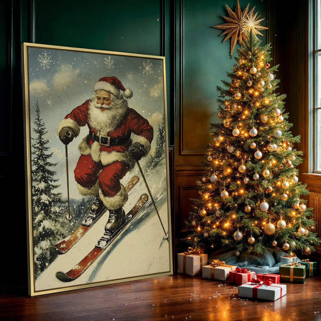 Canvas Print featuring Santa Claus skiing, vintage style, red and blue color palette, perfect Christmas decor.