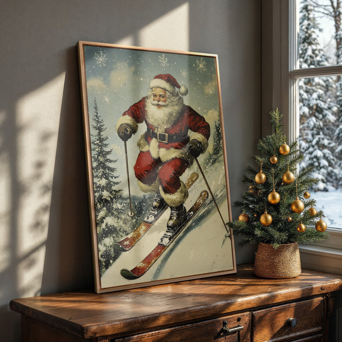 Framed Wall Art: Vintage Santa skiing down a snowy mountain. Classic style with red, white, and blue color palette. Perfect Christmas decor!