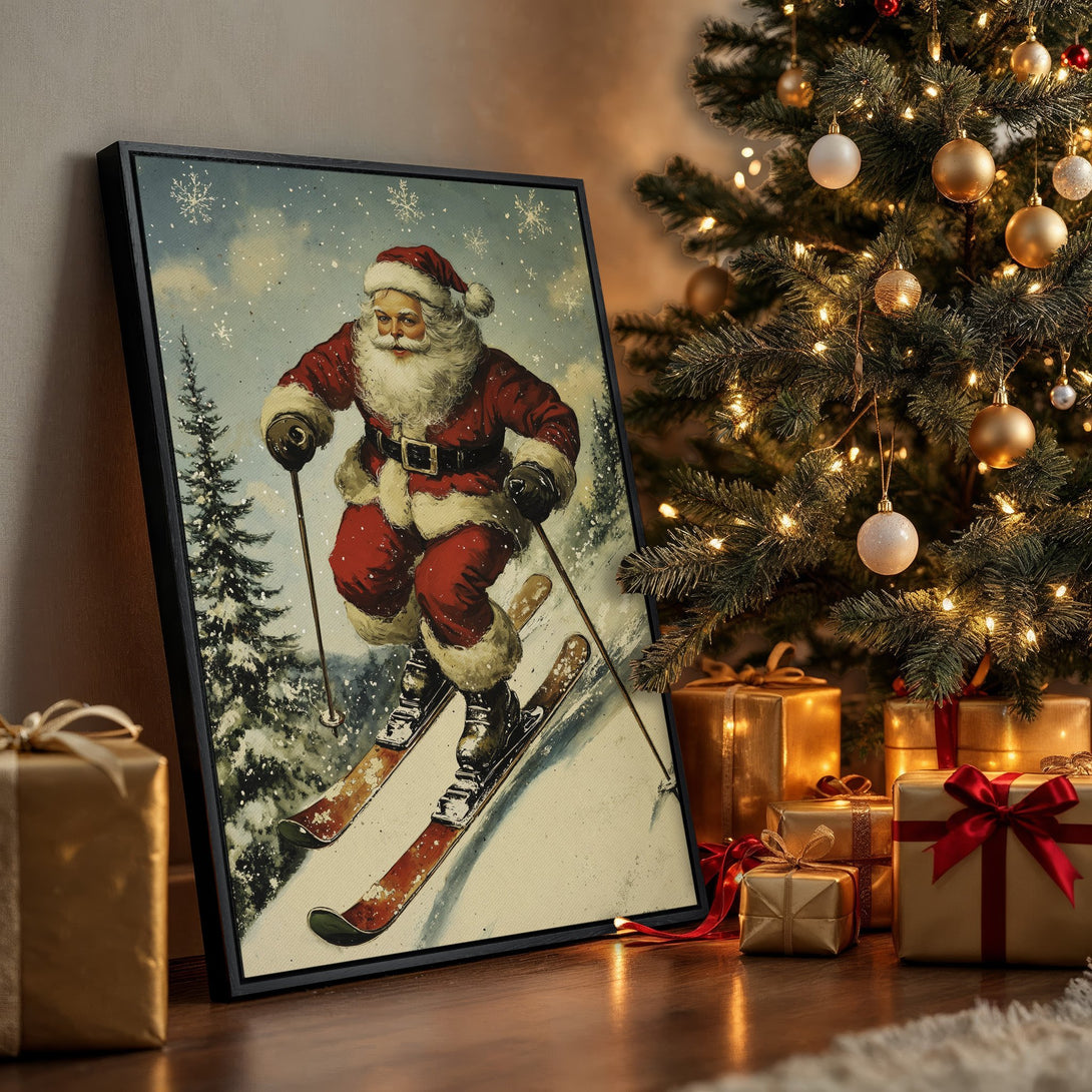 Framed Wall Art of Santa skiing in vintage style. Red, white, and blue color palette. Festive Christmas decor for your home.