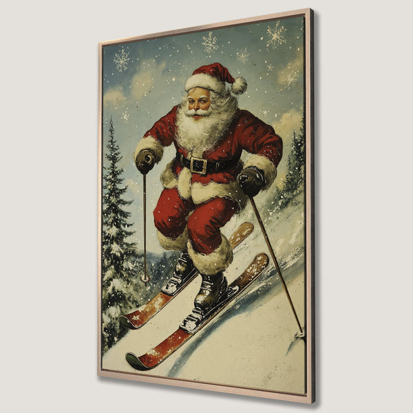 Framed Wall Art: Vintage Santa skiing in a snowy landscape. Festive Christmas decor with a red, blue, and cream color palette. Perfect holiday gift!