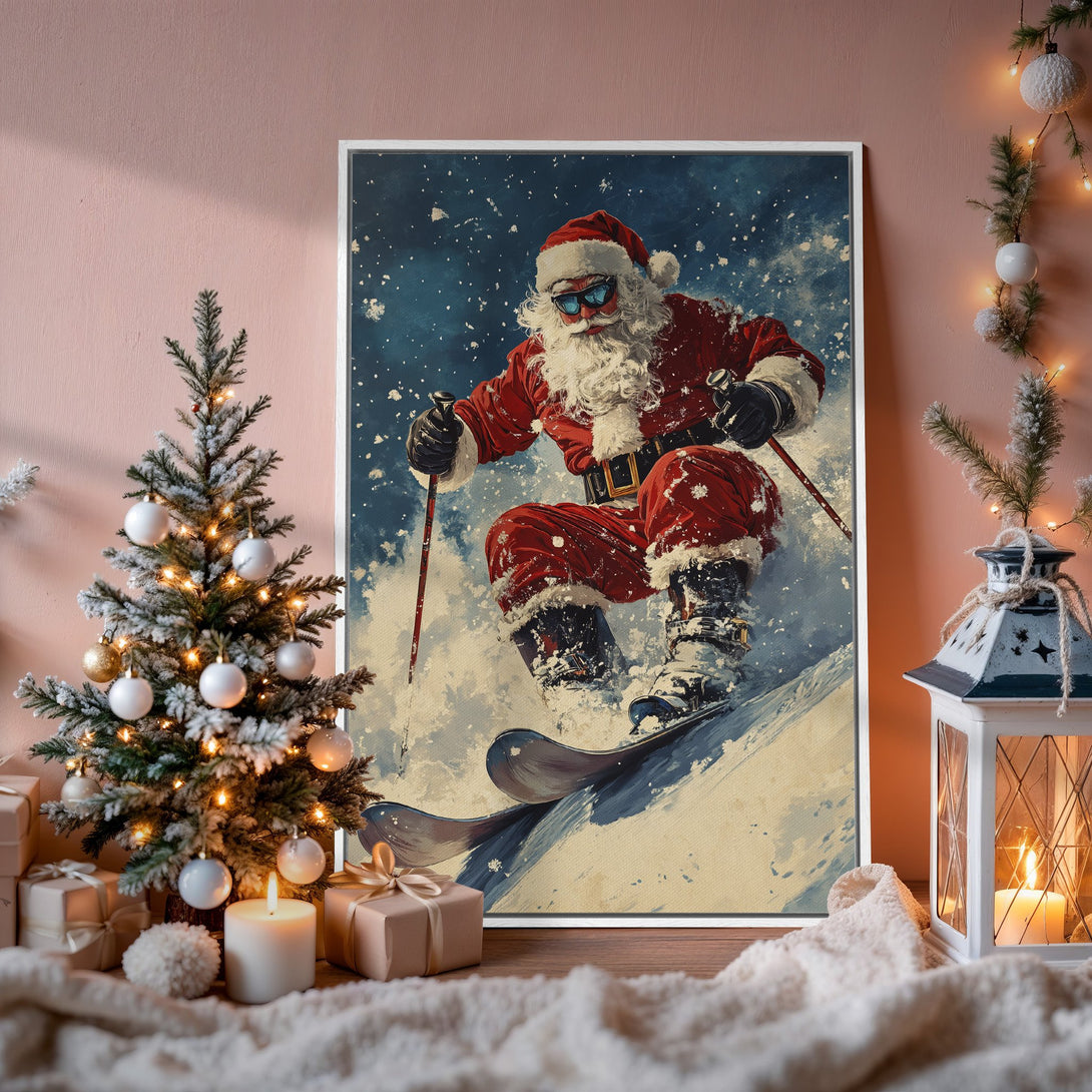 Framed Wall Art: Santa skiing down a snowy mountain. Festive Christmas decor with red, blue, and white color palette, perfect for holiday home accents.