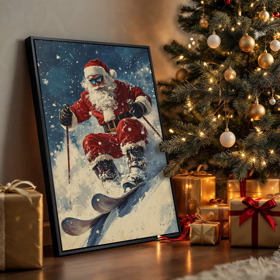 Framed Wall Art: Santa skiing down a snowy slope. Festive red, blue, and white color palette. Perfect Christmas decor for any home!