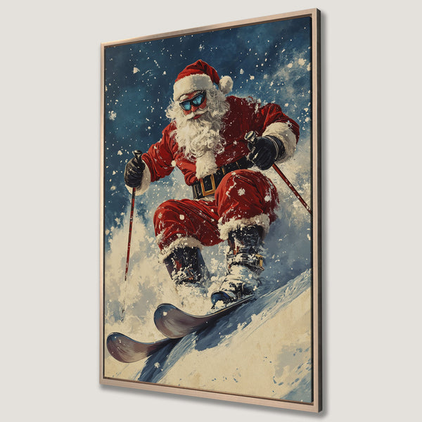 Framed Wall Art featuring Santa skiing down a snowy mountain. Watercolor style with a red, blue, and white color palette. Perfect Christmas decor!