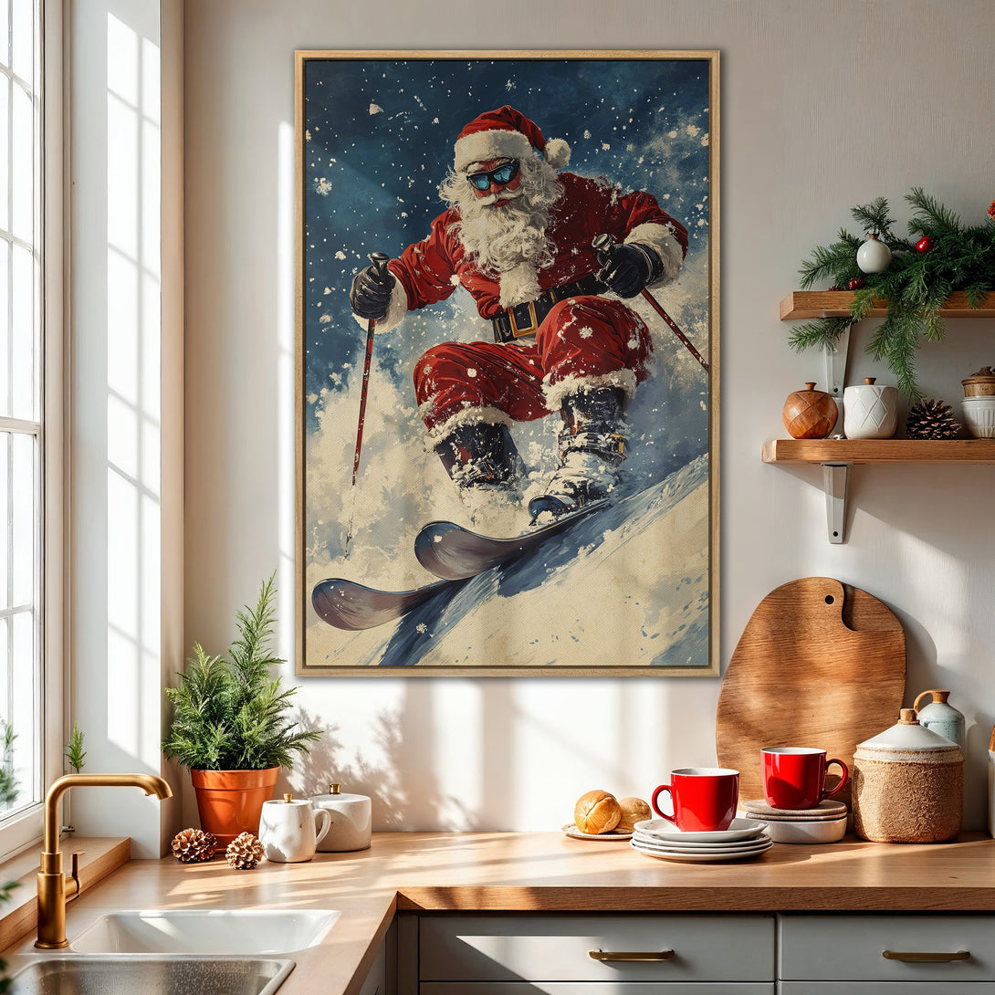 Framed Wall Art: Santa Claus skiing in a winter wonderland, vibrant red and blue color palette, perfect Christmas decor.