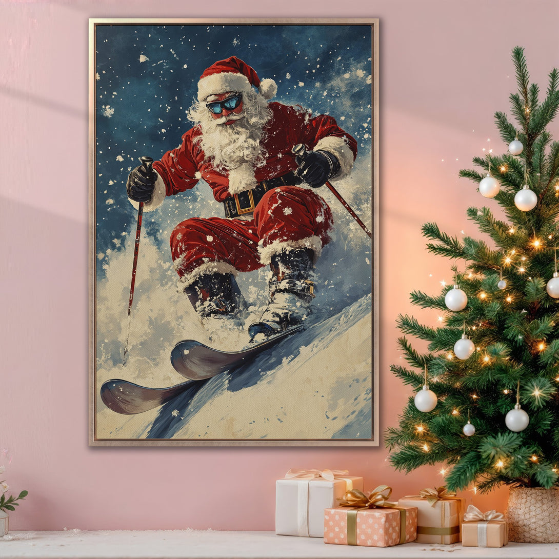 Framed Wall Art: Santa skiing down a snowy slope. Festive canvas print with a vibrant red, blue, and white color palette, perfect for holiday decor.