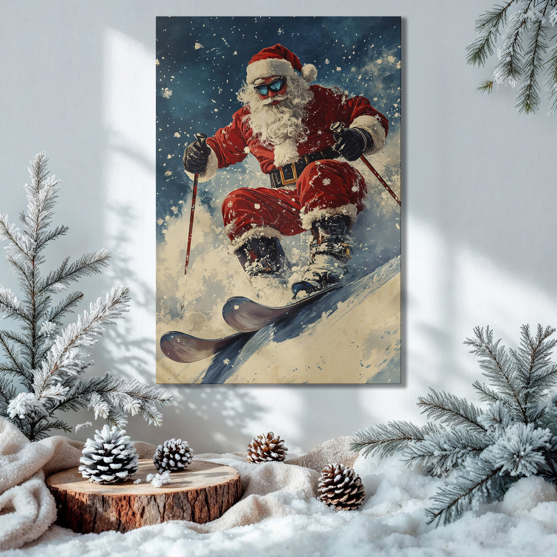 Framed Wall Art: Santa skiing in a winter scene. Festive red, white, and blue color palette. Perfect Christmas decor!