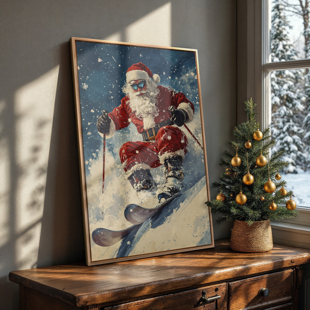 Framed Wall Art featuring Santa skiing in a whimsical style. Red, white, and blue color palette. Perfect Christmas decor for your home!