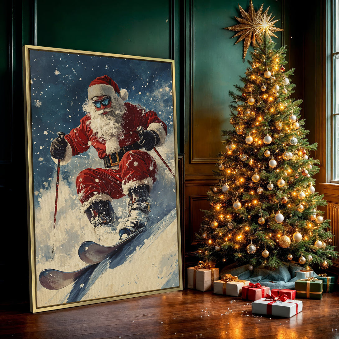 Canvas Print featuring Santa Claus skiing down a snowy mountain. Festive wall art with a vintage style and red, blue, and white color palette.