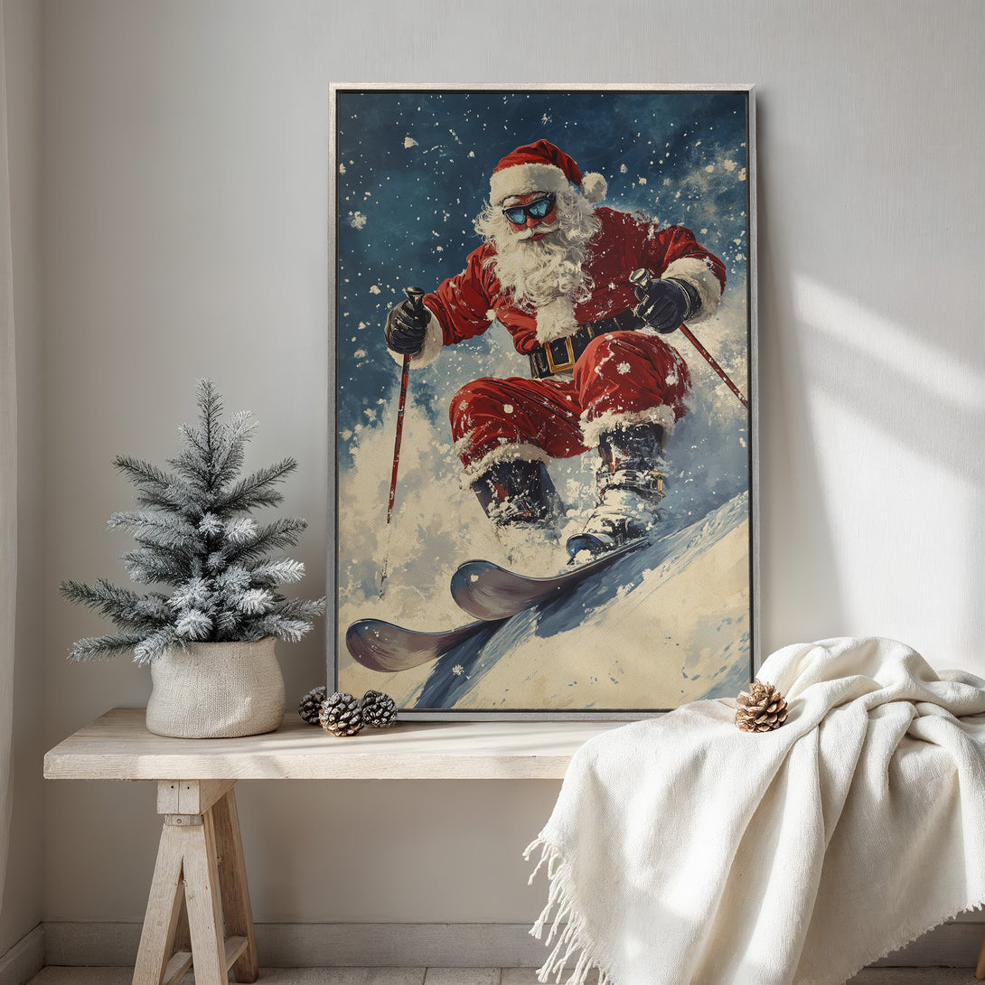 Framed Wall Art: Santa skiing in a watercolor style, featuring a red and blue color palette. Perfect Christmas decor for a cozy, festive vibe.