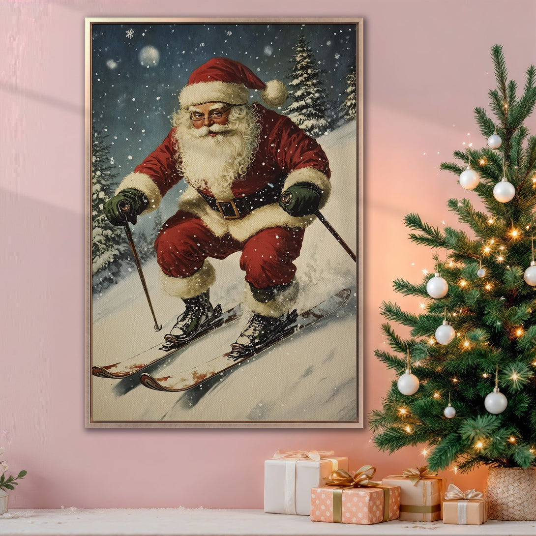 Framed Wall Art: Vintage Santa skiing in a winter scene. Classic style, red, white, and blue color palette, perfect for Christmas decor.