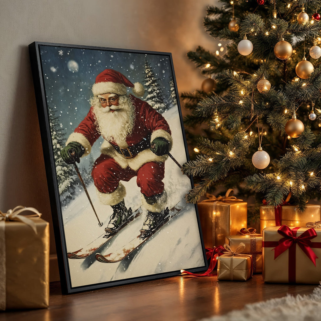 Framed Wall Art: Santa skiing in a winter wonderland. Festive red, white, and blue color palette, perfect Christmas decor. Add holiday cheer to your home!