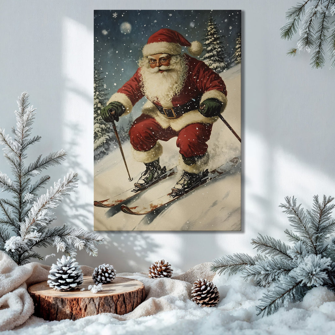 Framed Wall Art: Santa skiing in a snowy scene. Festive Christmas decor with a warm, vintage feel. Red, white, and gold color palette.